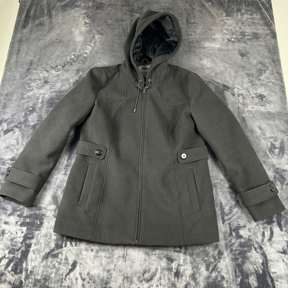 Covington Pea Coat Womens Large Black Hooded Full Zip Mid Length Jacket 4556